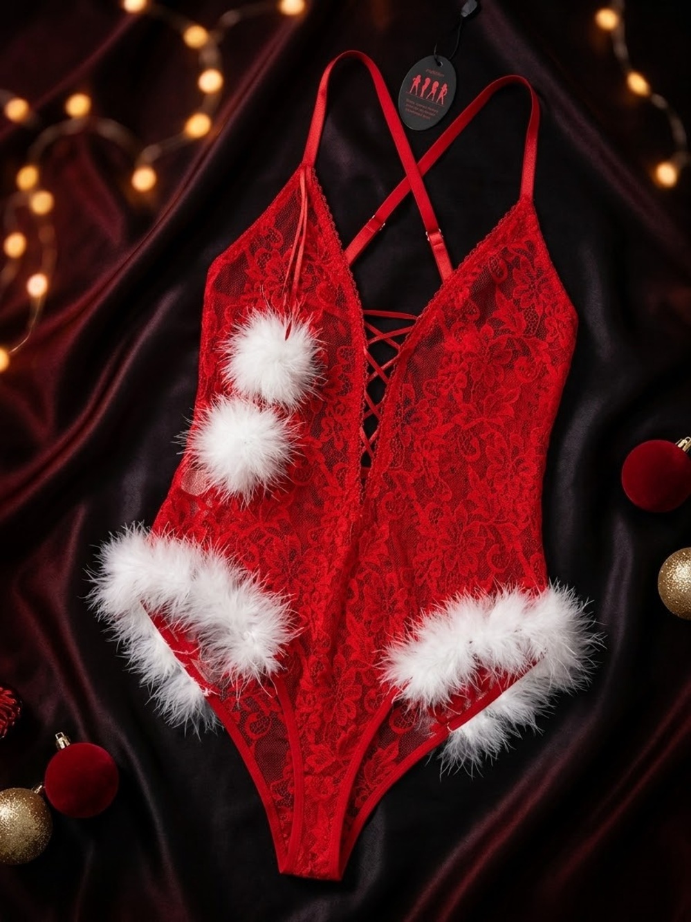 Red Lace Teddy with White Feather Trim - Women's Holiday Chemise